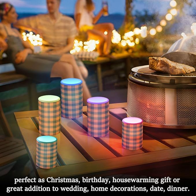 Halloween Black Orange Buffalo Plaid Check Flickering Flameless Candles Battery Operated with Remote Timer,Tea Light Candles LED Pillar Votive Candles Set of 2 for Outdoor Indoor Decorations