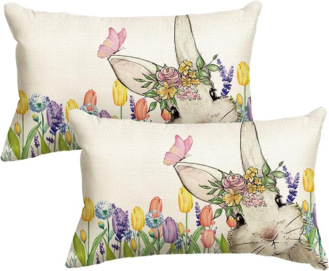AVOIN colorlife Easter Floral Tulip Garland Bunny Throw Pillow Cover, 12 x 20 Inch Spring Rabbit Holiday Cushion Case Decoration for Sofa Couch Set of 2