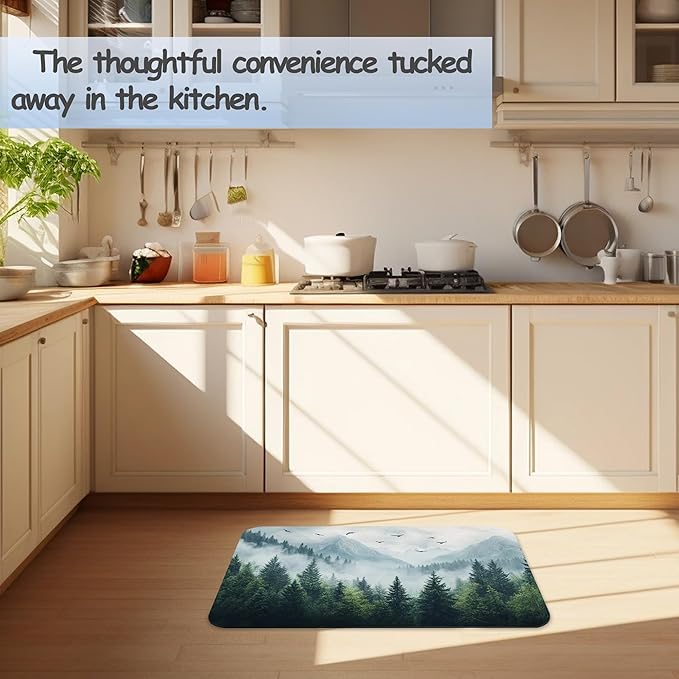 Misty Forest Bathroom Rug 29.5"x17",Green Tree Landscape Quick-Drying Super Absorbent Diatomite Bath Mat with Non-Slip Backing, Thin Washable Bathroom Floor Mat Fits Under Door for Shower, Sink