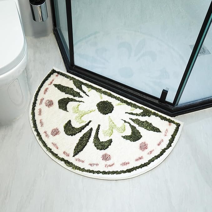 Washable Cute Bath Mat for Bathroom,31x20 Half Circle Non-Slip Small Bath Rugs, Absorbent Quick Dry Bath Mats, Plush Carpet for Bathtub, Boho Farmhouse Decor (Green Flower)