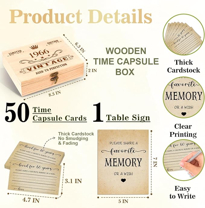 60th Birthday Party Share a Memory Set, 1966 Birthday Gifts for Women Men, 1966 Wooden Share A Memory Box with Memory Sign and 50 Pcs Memory Cards, 1966 Birthday Gifts, 60th Birthday Party Decorations