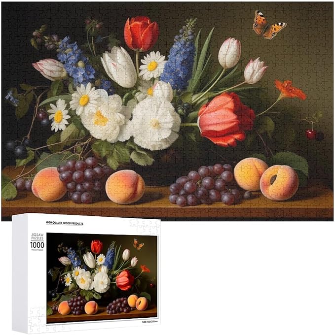 Wooden Puzzle - Vase Flower Grapes Peaches Wooden Puzzles for Adults 1000 Pieces Challenge Puzzles，Educational Games，Family Puzzles，Unique Gifts for Wall Art ，Funny Puzzles