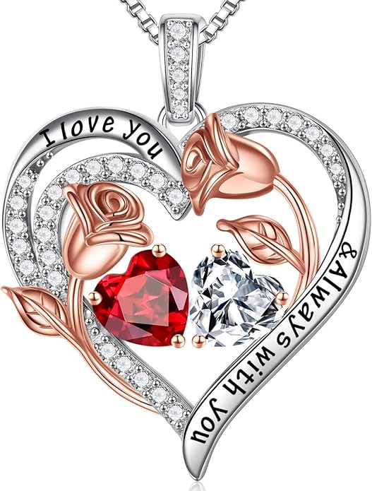 Iefil Valentines Day Gifts for Her - 925 Sterling Silver Rose Heart Birthstone Necklace Birthday Anniversary Jewelry Gifts for Her Wife Mom Daughter