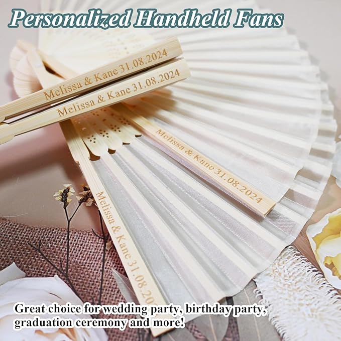 10 Pcs Personalized Cream Hand Fans for Wedding, Custom Engraved Silk Fans Folding Hand Fans, Summer Wedding Fans, Custom Wedding Party Favor Bridal Shower Gifts Baby Shower Favors