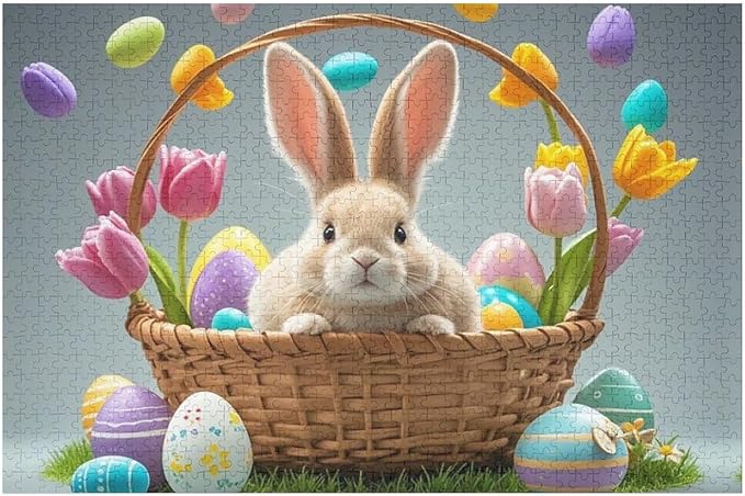 Wooden Puzzle - Easter Tulips Bunny Jigsaw Puzzles，Wooden Puzzles for Adults 1000 Pieces Challenge Puzzles，Educational Games，Family Puzzles，Unique Gifts for Wall Art,Funnny Puzzles