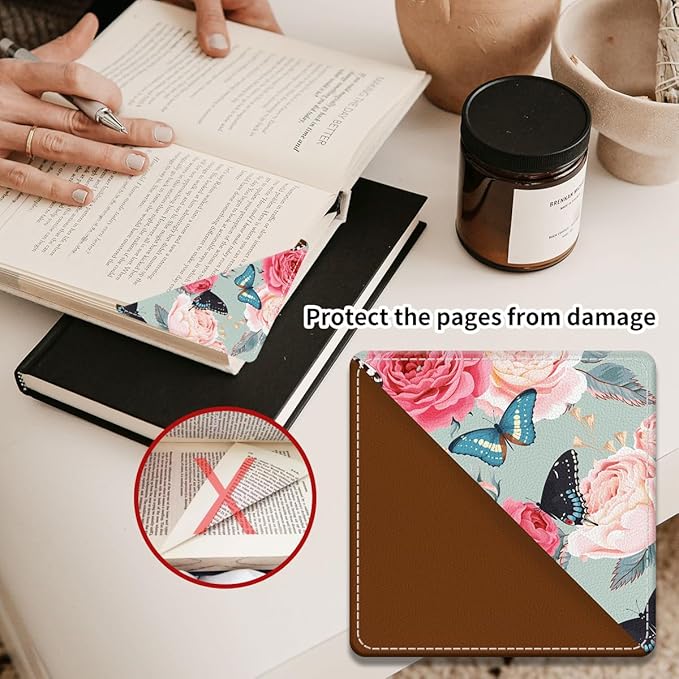 Cute Leather Bookmarks, Fun Triangle Making Corner Bookmark, Book Accessories for Reading Book Lovers, Unbreakable Page Markers for Women Men Cute Flower and Butterfly