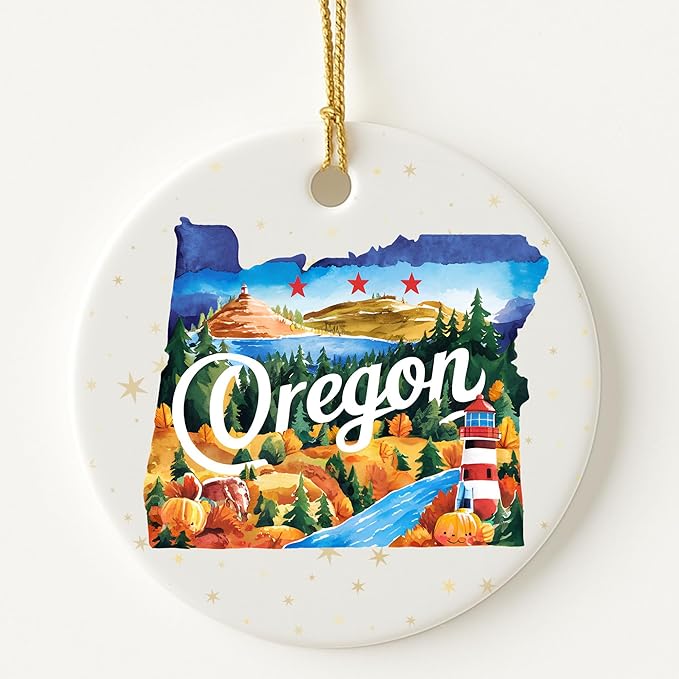 USA State Landmark Ceramic Ornament – Round Glossy Christmas Decoration Featuring U.S. State Art, Landmarks & Holiday Scenery – Collectible Travel Souvenir Ornament Series (Oregon)