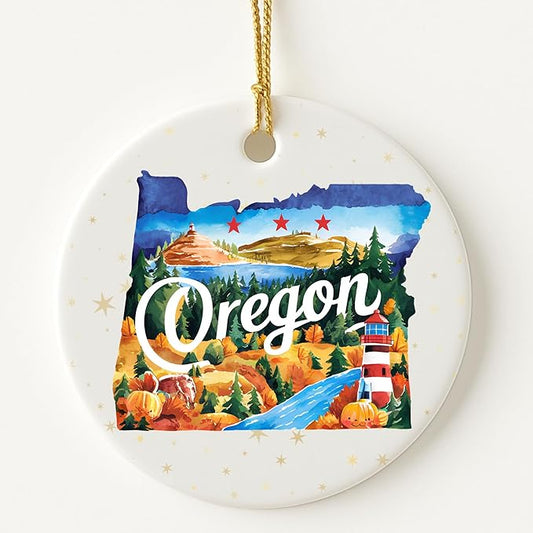 USA State Landmark Ceramic Ornament – Round Glossy Christmas Decoration Featuring U.S. State Art, Landmarks & Holiday Scenery – Collectible Travel Souvenir Ornament Series (Oregon)