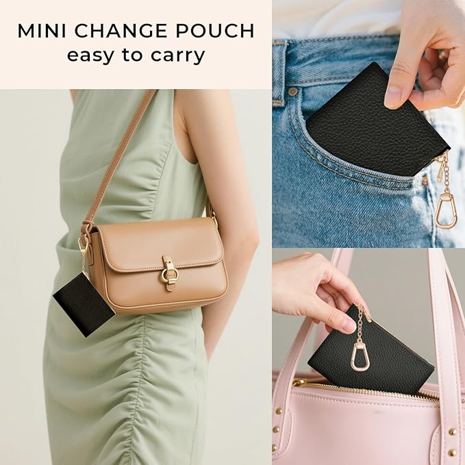 Black Keychain Coin Purse for Women, Small PU Leather Change Pouch, Zipper Little Tiny Travel Wallet for Girls, Cute Kawaii Zip Pocket Coin Holder with Key Ring