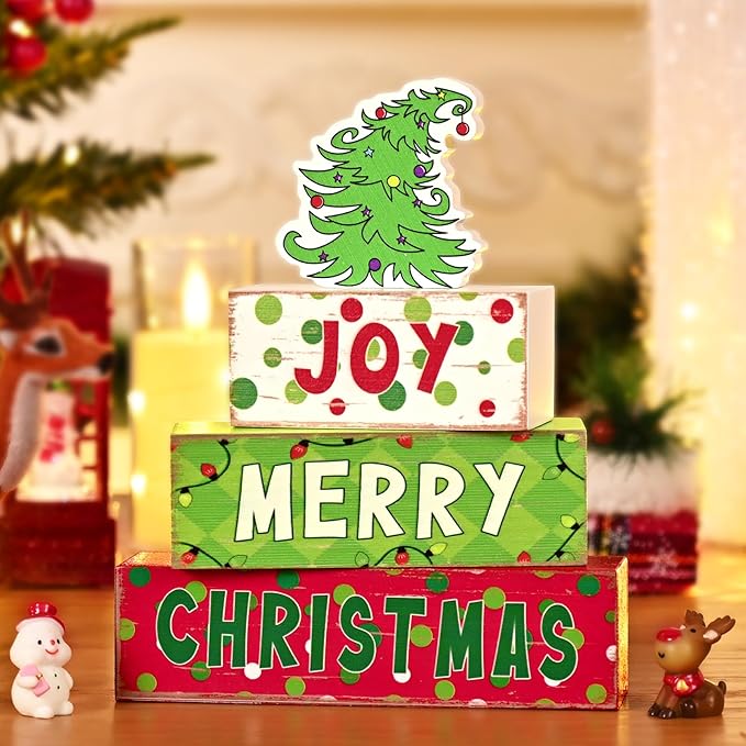 Yinhua Christmas Decorations Indoor, Christmas Table Decor, Funny Xmas Tree Decorations, Farmhouse Wooden Block Sign, Table Top Decors, Xmas Mantel Decor for Tiered Tray, Desk, Bookshelf