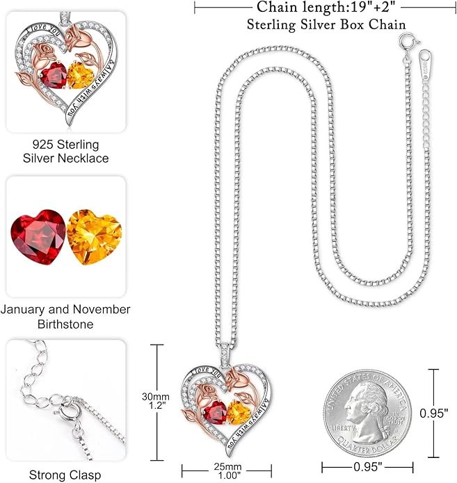 Iefil Valentines Day Gifts for Her - 925 Sterling Silver Rose Heart Birthstone Necklace Birthday Anniversary Jewelry Gifts for Her Wife Mom Daughter