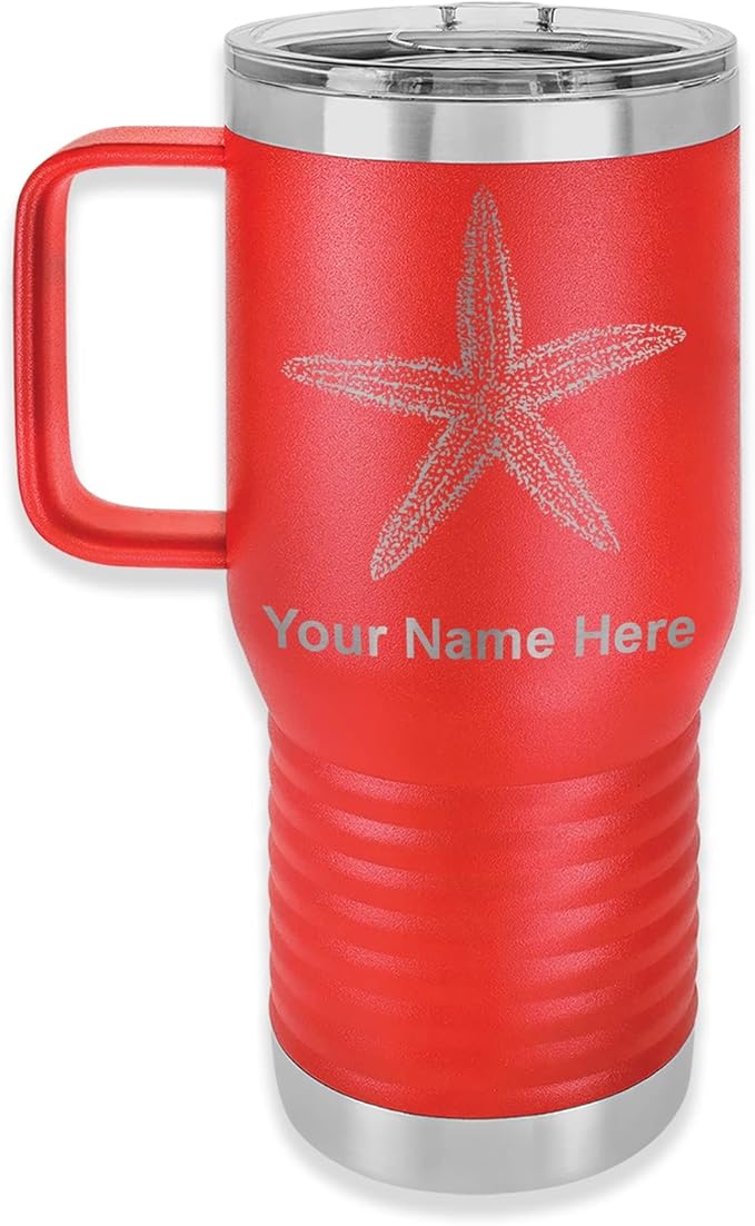 LaserGram 20oz Vacuum Insulated Travel Mug with Handle, Starfish, Personalized Engraving Included (Red)