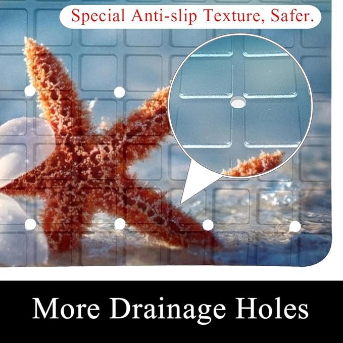 Non Slip Bath Mat for Tub, 15.1 x 26.8 Inch Bathtub Mat Machine Washable Shower Mat with Drain Holes and Suction Cups, Starfish and Flower on The Beach in Sea Water