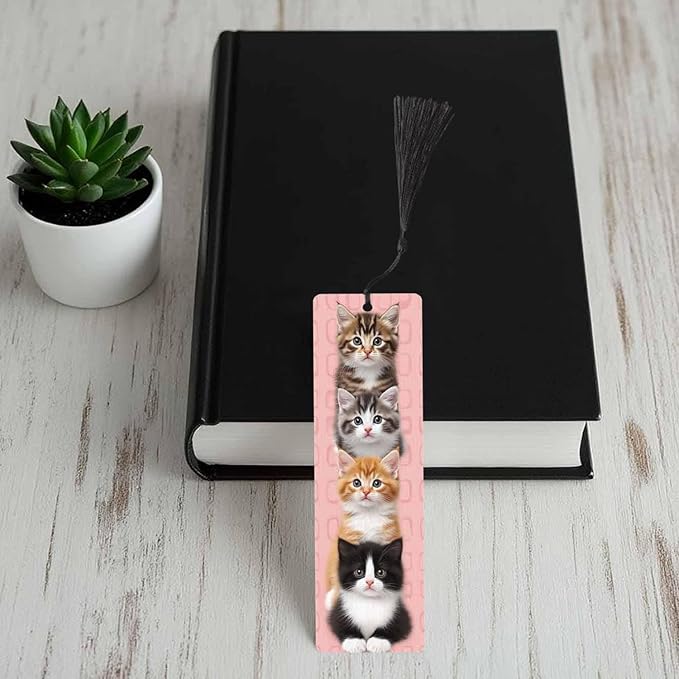 Cute Cat Bookmarks Set 5 with Tassels Pet Animal Pink Wooden Bookmarks for Reading Women Men Students Teachers School Supplies