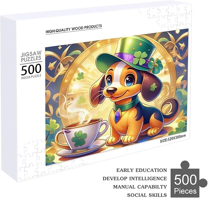Wooden Puzzle - St. Patrick's Day Dachshund Wooden Puzzles for Adults 500 Pieces Challenge Puzzles，Educational Games，Family Puzzles，Unique Gifts for Wall Art ，Funny Puzzles