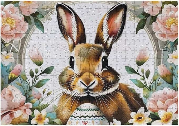 Wooden Puzzle - Easter Bunny with Flower Easter Egg Jigsaw Puzzles，Wooden Puzzles for Adults 300 Pieces Challenge Puzzles，Educational Games，Family Puzzles，Unique Gifts for Wall Art