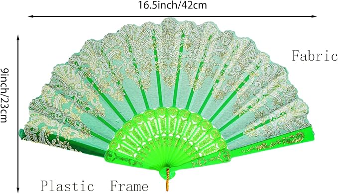 QIRMIZI 10 Pack Folding Handheld Fans,Silk Spanish Fan, Perfect for Weddings, Parties, and Dancing,Green