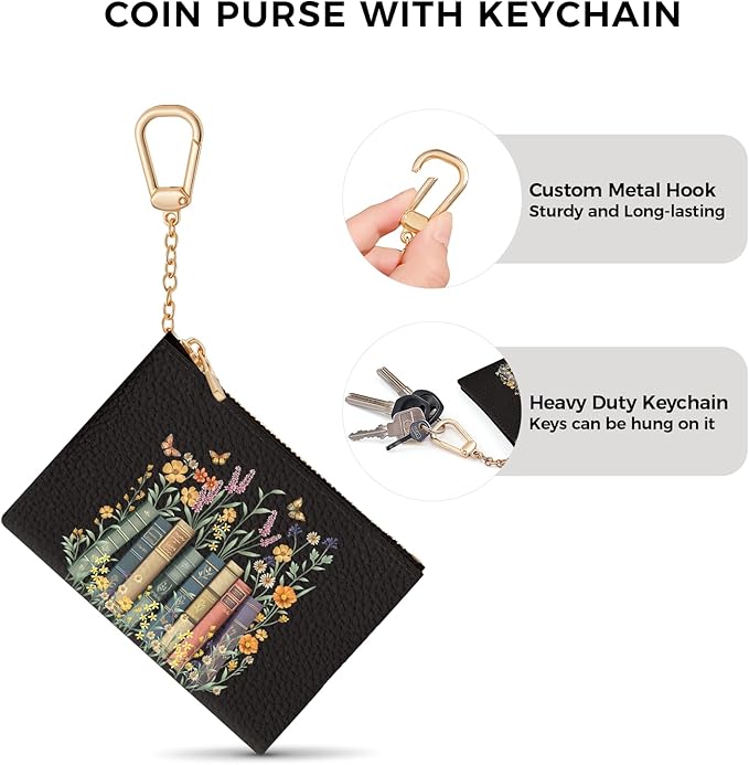 Book and Flower Keychain Coin Purse for Women, Small PU Leather Change Pouch, Zipper Little Tiny Travel Wallet for Girls, Cute Kawaii Zip Pocket Coin Holder with Key Ring