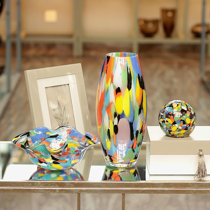 Ca D Oro Colored Glass Vase Confetti Effect Hand Blown Murano-Style Art Glass for Flower, Room Decoration and Centerpiece - Model Oliva G