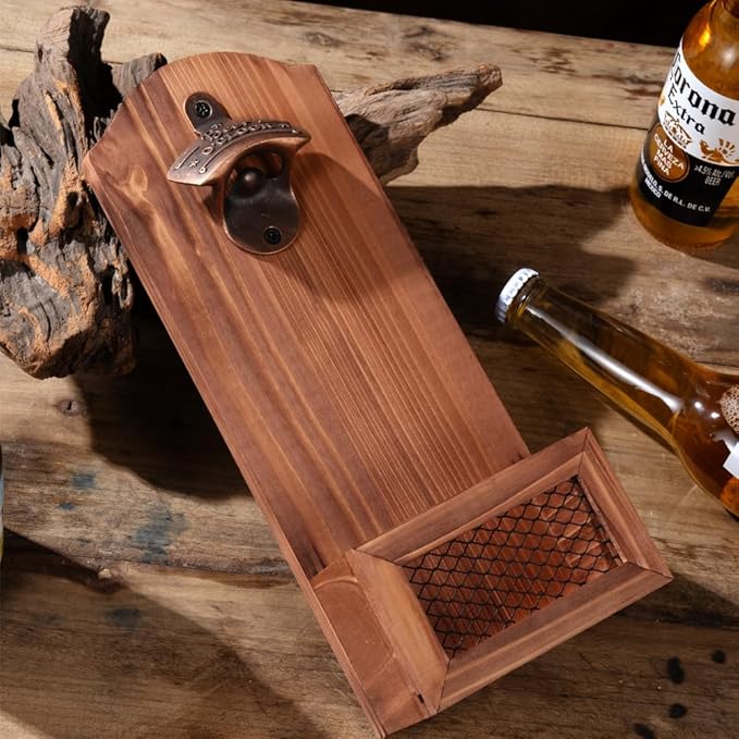 Bottle Opener with Cap Collector Catcher,Vintage Wooden Wall Mounted Bottle Opener，Ideal Gift for Men and Beer Lovers, Use as Bar Decoration (Beer O'Clock)