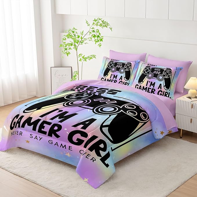 7Pcs Comforter Set Black Game Console Multi Color Printed Bedding Set with 1 Comforter,1 Flat Sheet,1 Fitted Sheet and 4 Pillowcases for Boys and Girls Bedroom All Season(Full)