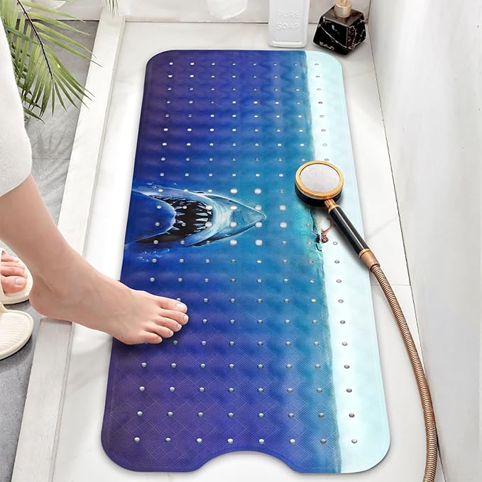 Bathtub Mat Non Slip, Shark Extra Long Bath tub Mat Shower Floor Mat with Suction Cups and Drain Holes for Adults Kids Elderly 40 X 16 Inch