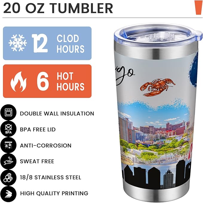 20oz Insulated Tumbler Maine State Coffee Mug, United States Map Travel Mug Landmark, Birthday Gifts Cute Custom Tumbler Cups with Lid and Straw Mothers Day Gifts