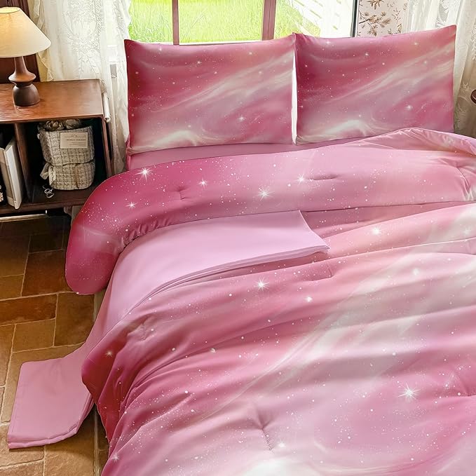 Full Size Bedding Sets Kids Bedding Sets for Girls, Galaxy Bedding 5 Pieces Bed in A Bag Full Size, Glitter Colorful Comforter for Girls