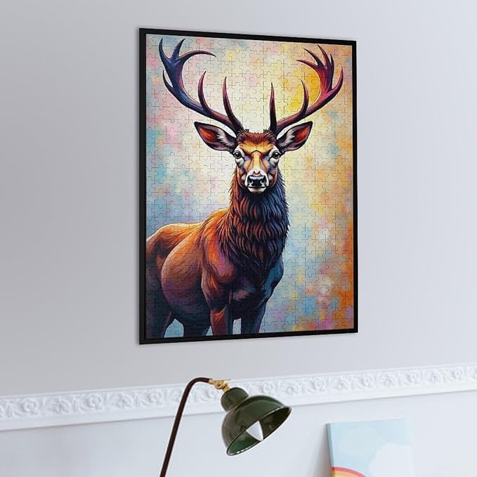 Wooden Puzzles 500 Piece，Color Abstract Deer Painting Themed Jigsaw Puzzles，Family Puzzles，Unique Gifts for Wall Art，Funny Puzzles，Stress Relief Games，Puzzle Games