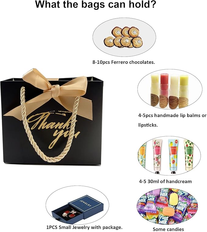 TKSBAG 100 Pack Small Thank You Gift Bags with Handles, 5.5''x 2.5''x4.7'' Mini Black Gift Bags Bulk for Baby Shower, Birthday, Wedding, Party Favors