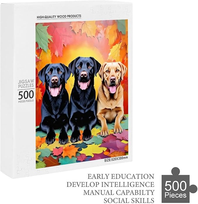 Puzzles for Adults 500 Pieces Wooden Jigsaw Puzzle - Labrador Retriever Dog in Autumn Park Theme Puzzle，Party Games，Family Toys，Educational Puzzles，Stress Relief Wooden Puzzle，Home Decoration