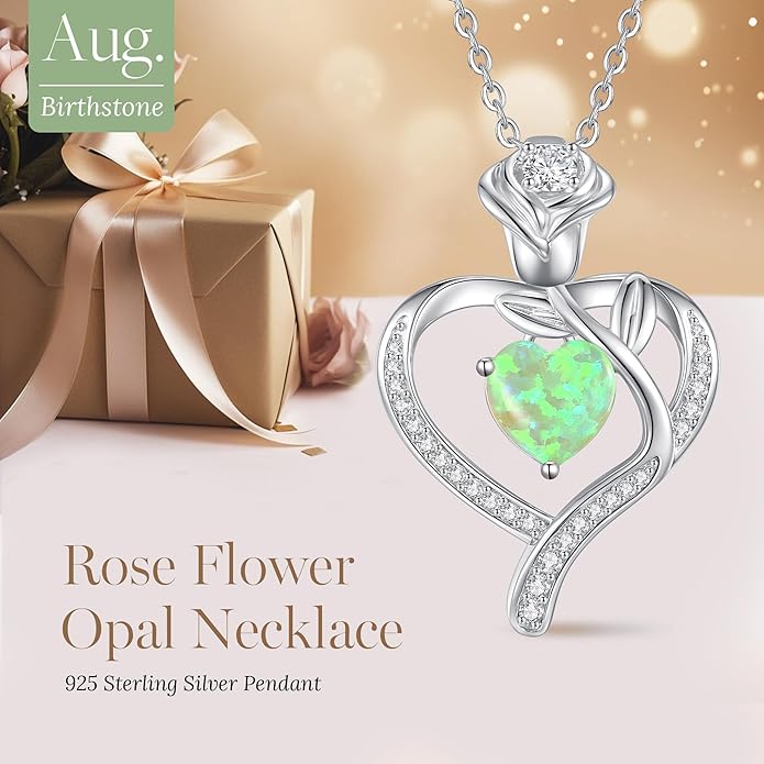 LOUISA SECRET Rose Flower Heart Birthstone Necklaces for Women, 925 Sterling Silver Fine Jewelry, Pendant Heart Necklaces Birthday Anniversary Christmas Gift for Women Wife Mom Girlfriend Lady