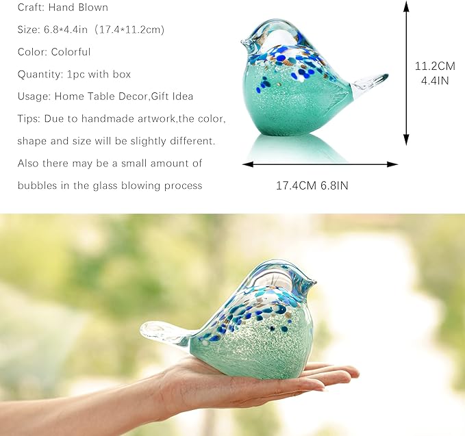 QFkris 7" Big Handmade Glass Bird Figurines Blown Glass Bird Paper Weight Collectibles Art Animal Sculpture Home Table Ornament Decor for Bird Lover
