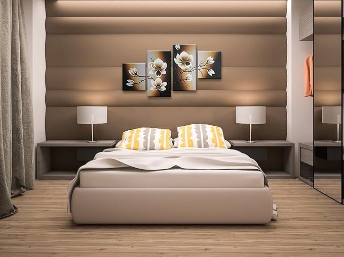 Wieco Art 100% Hand-painted Abstract Floral Oil Painting on Canvas Warm Day Yellow Flowers Bloom Ready to Hang for Living Room Bedroom Home Decorations 4pcs/set