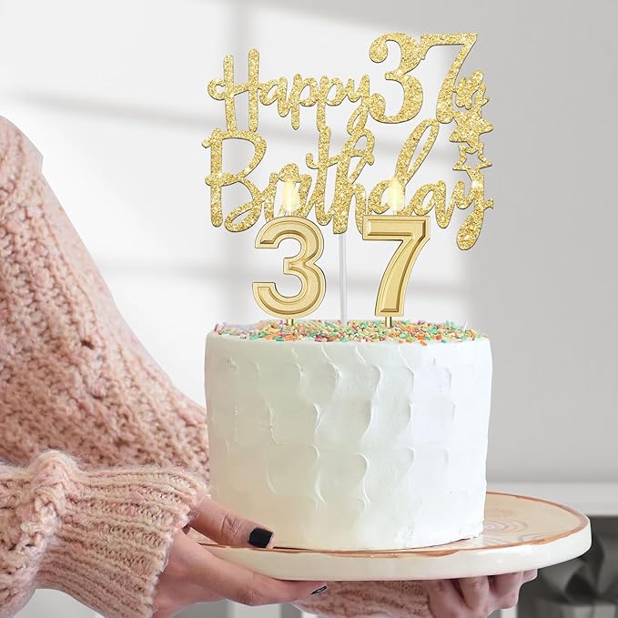 37th Birthday Decorations for Women Gold with 37th Birthday Sash and Tiara, Cake Topper and Candles, Number Balloons, 37 Year Old Gifts for Women