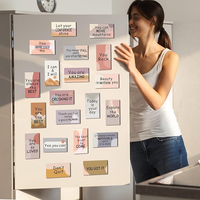 Xuhal 60 Pcs Inspirational Magnets Bulk Rectangle Positive Affirmation Magnets Decals Decorative Inspiring Fridge Magnetic Stickers for Adults Team Motivational Gifts (Light,Boho)