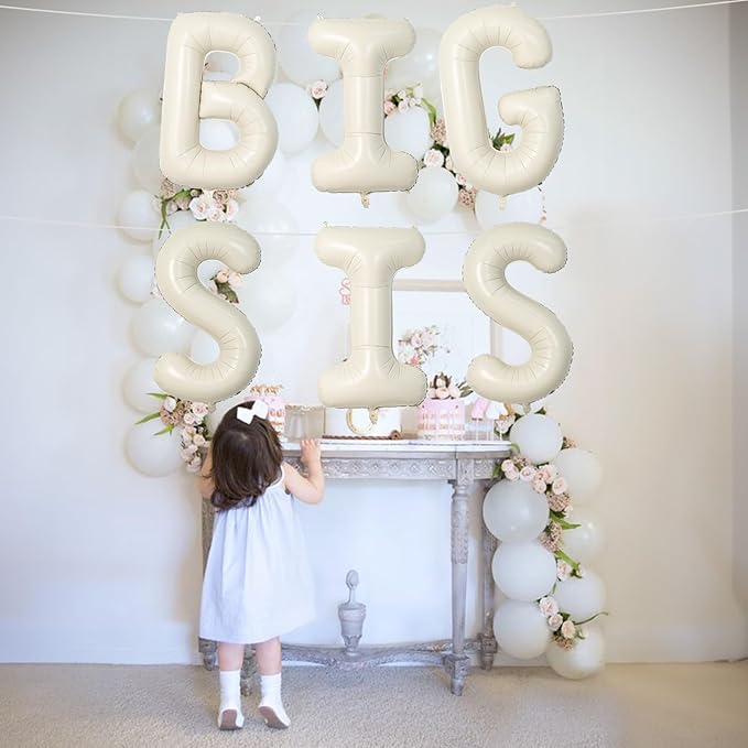 40 Inch Cream BIG SIS Balloons, Large Beige Neutral Big Sis Balloon Letters Sign with Ribbon, Ivory White Sand Baby Girls Balloon for Her Birthday Baby Shower Gender Reveal Party Decoration Supplies