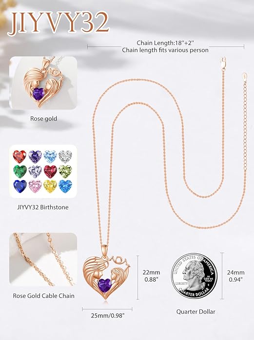 Mother and Daughter/Son Love Heart Necklace White Gold/14K Gold/Rose Gold Birthstone Jewelry Christmas Mothers Day Birthday Gifts For Mom Wife Grandma Women