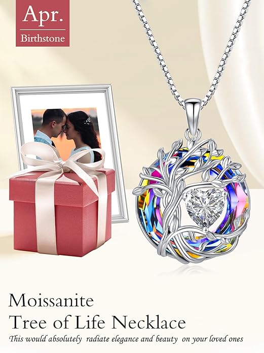 TOUPOP Tree of Life Birthstone Necklace 925 Sterling Silver Pendant Austrian Crystal Jewelry Anniversary Valentine's Day Birthday Gifts for Women Mom Her Wife
