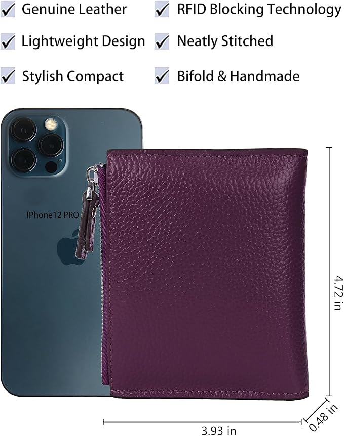 AINIMOER Women's RFID Blocking Leather Small Compact Bi-fold Zipper Pocket Wallet Card Case Purse with id Window