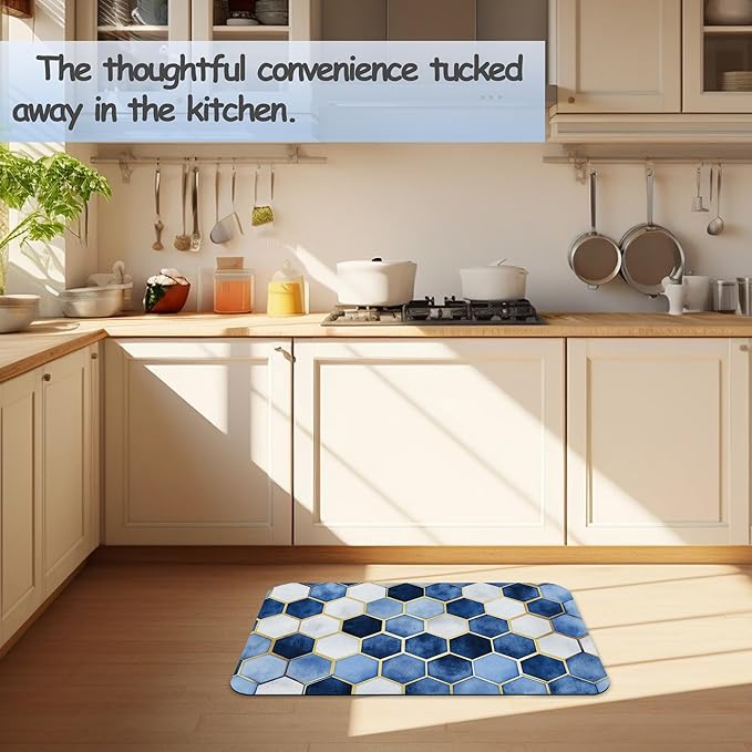 Blue Marble Bathroom Mat, Non-Slip Rubber Backing Thin Low-Profile Bath Rug, Easy-Clean Bathroom Floor Mat for Shower, Bathtub, Kitchen, or Entryway