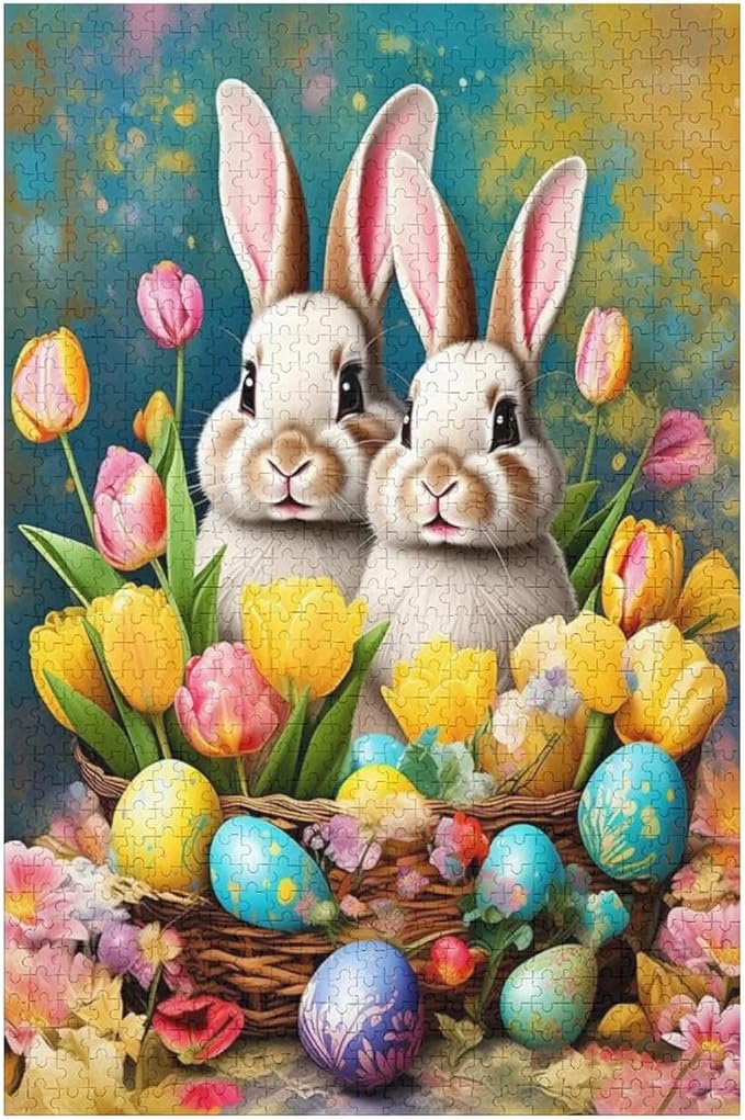 Wooden Puzzle - Easter Tulips Bunny Jigsaw Puzzles，Wooden Puzzles for Adults 1000 Pieces Unique Gifts for Wall Art，Challenge Puzzles，Educational Games，Family Puzzles