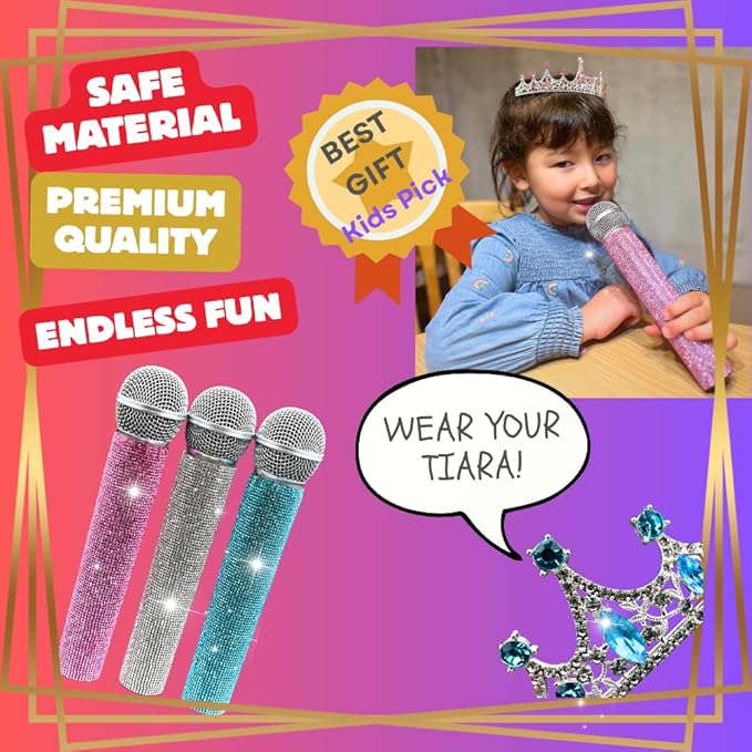 Bling Fake Microphone Prop and Crystal Tiara – Sparkly Rhinestone Toy Mic & Crown Girls Cosplay, Princess Dress Up