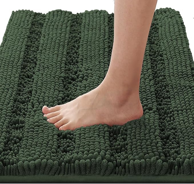 H.VERSAILTEX Bath Rugs for Bathroom Non Slip Bath Mats Extra Thick Chenille Striped Rug 20" x 32" Absorbent Non Skid Fluffy Soft Shaggy Washable Plush Mat for Indoor, Bath Room, Tub - Bronze Green