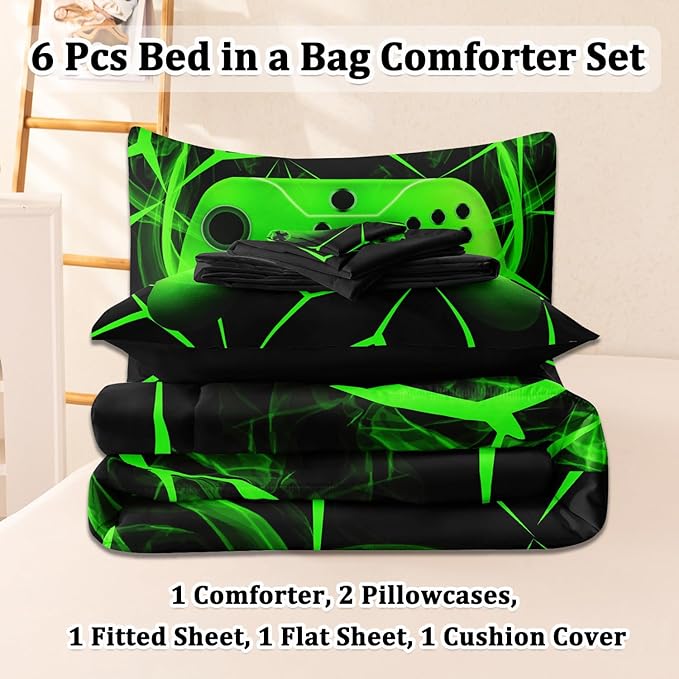 6Pcs Gaming Comforter Sets for Boys, Cool Green Lightnings Bed in A Bag Full Size Gamer Bedding Set for Boys Kids