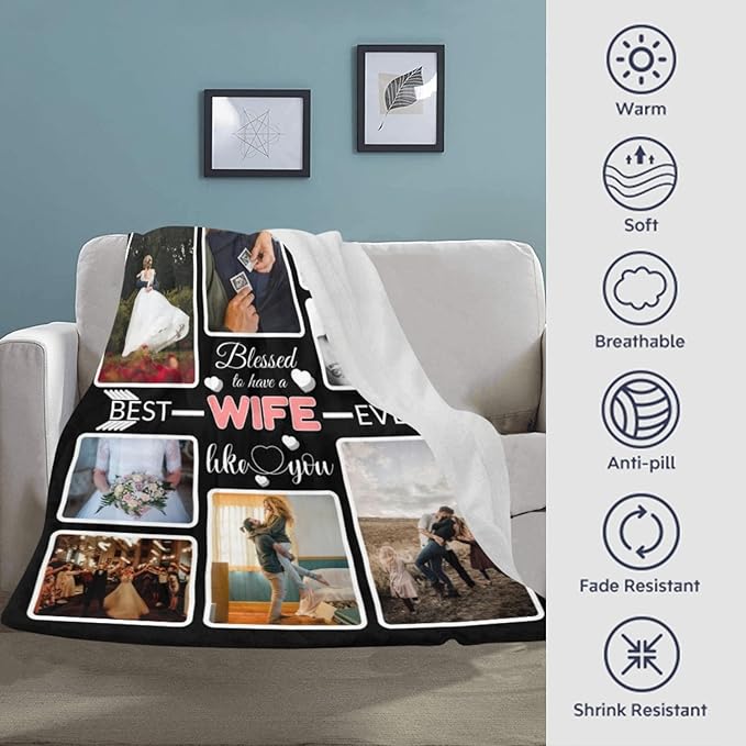 Custom Blanket Gifts with Photos, Personalized Bed Throws for Best Wife, Custom Souvenir Throw Blanket, 8 Collages Made in USA
