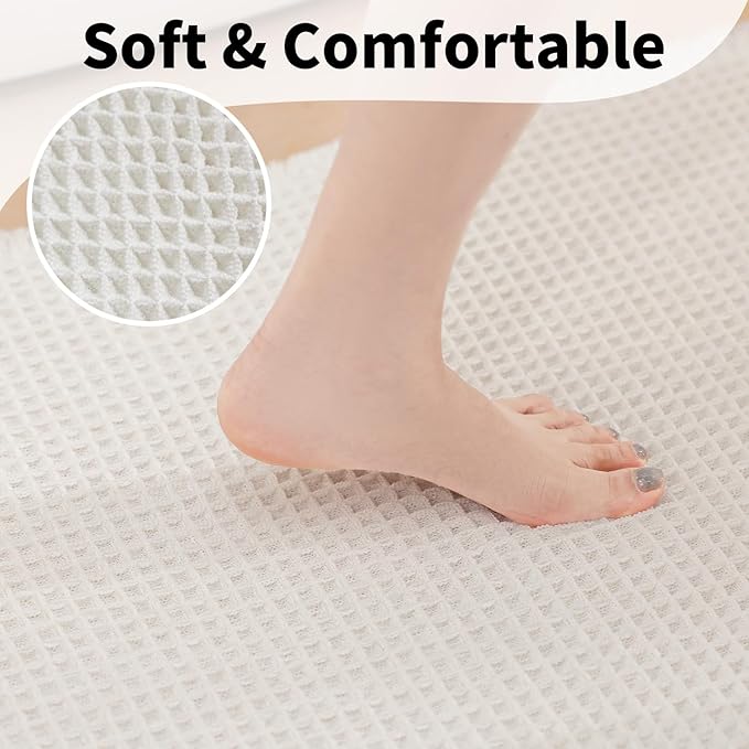 White Bathroom Rugs, Waffle Bath Mat Non Slip Washable, Super Absorbent & Quick Dry, Boho Bath Mat Farmhouse Bathroom Decor, 24'' x 48'', White