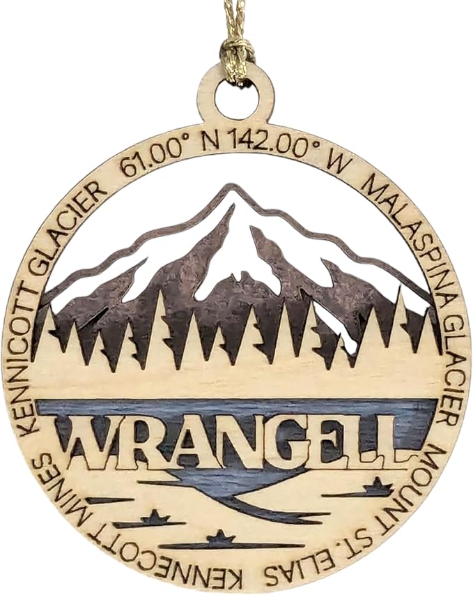 Wrangell National Park 3" Wood Ornament - Laser Cut Alaska Scene with Malaspina Glacier - Handmade Decor Made in USA