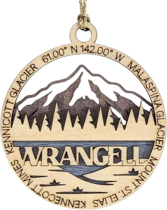 Wrangell National Park 3" Wood Ornament - Laser Cut Alaska Scene with Malaspina Glacier - Handmade Decor Made in USA