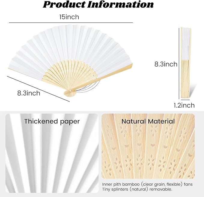 JOHOUSE 12 Pcs White Paper Fans Handheld – 8.3 Inch Foldable Hand Fan, Folding Fans Handheld for Women, Paper Fan for Wedding Guests, Bridal & Baby Shower Favors, Party Decorations